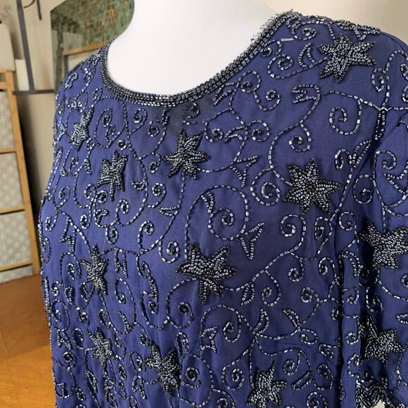 Vintage Stenay Plus Size 14 Women's Beaded Long Dress Blue Cocktail Formal - Picture 4 of 10